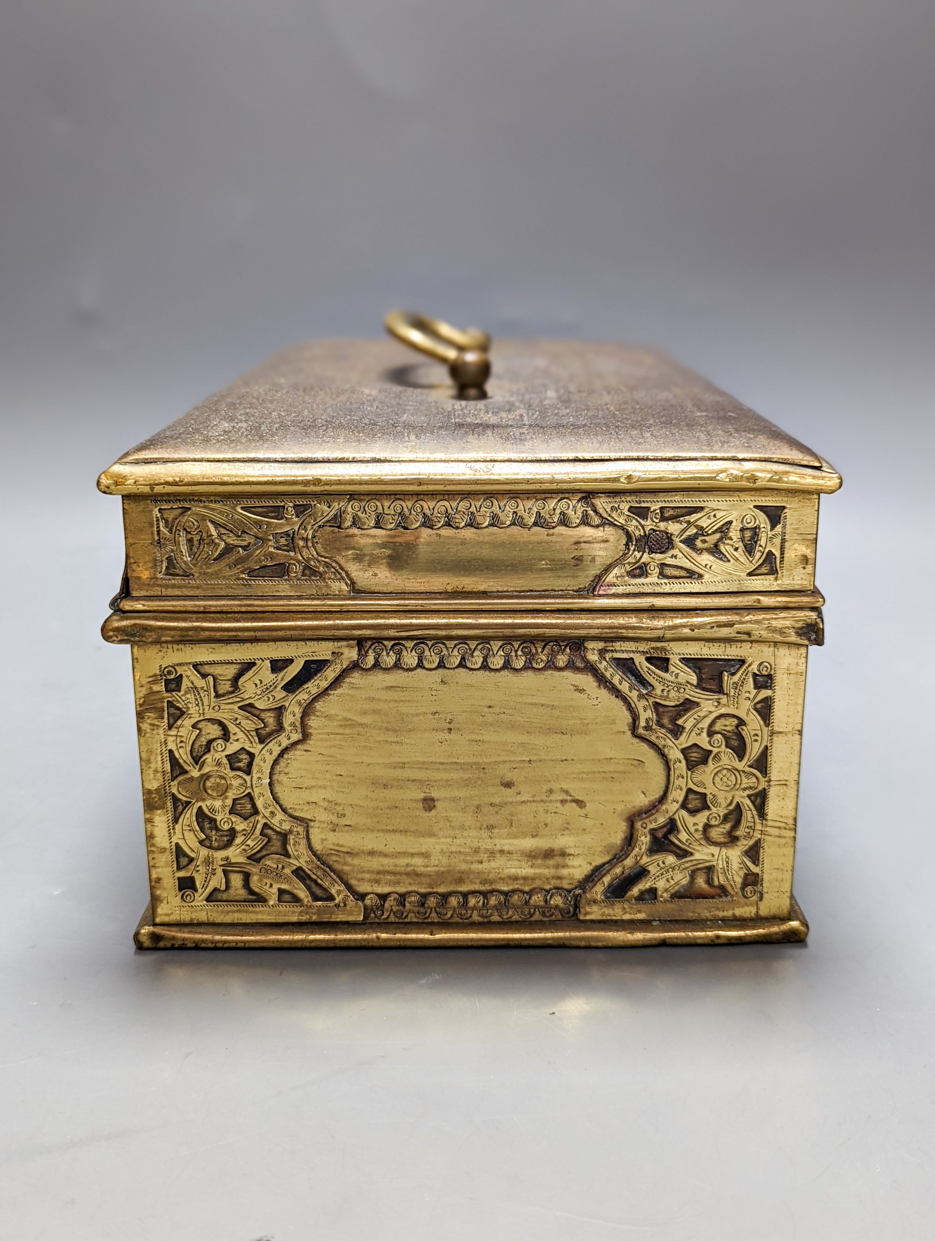 A Middle Eastern engraved brass box 30cm